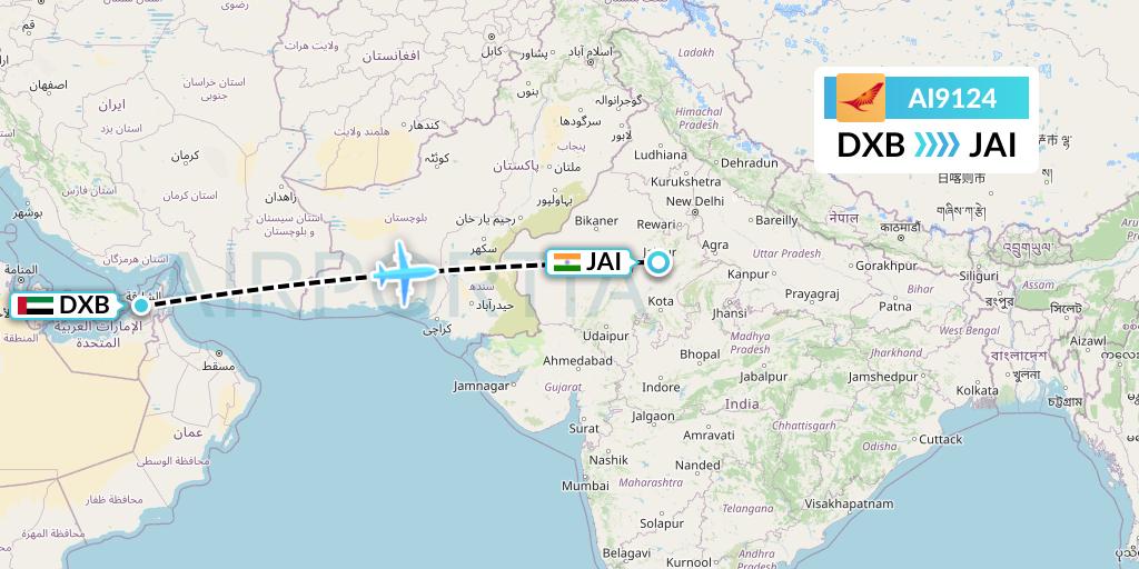 AI9124 Air India Flight Map: Dubai to Jaipur