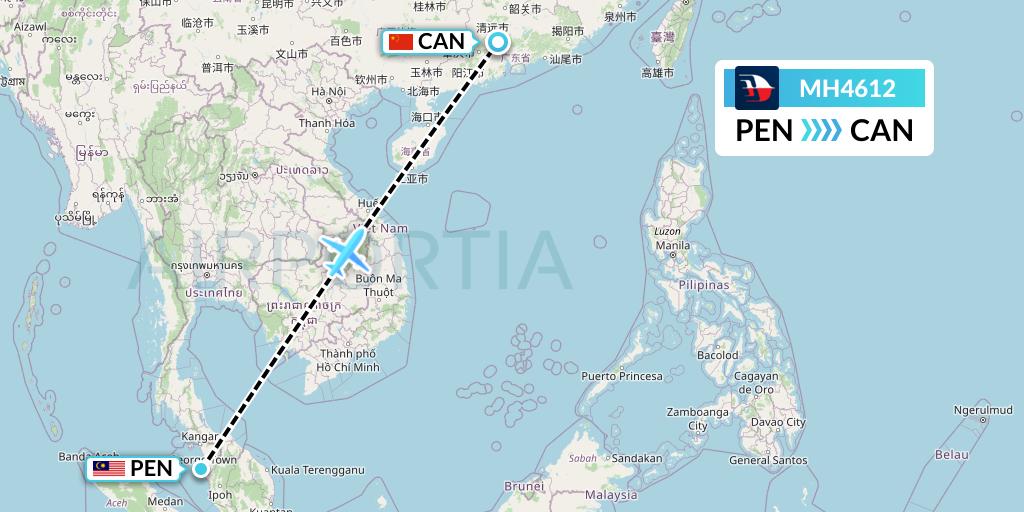 MH4612 Malaysia Airlines Flight Map: Penang to Guangzhou