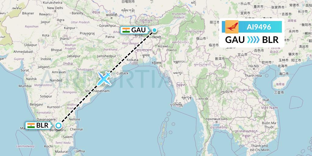 AI9496 Air India Flight Map: Guwahati to Bangalore