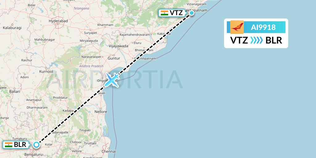 AI9918 Air India Flight Map: Visakhapatnam to Bangalore