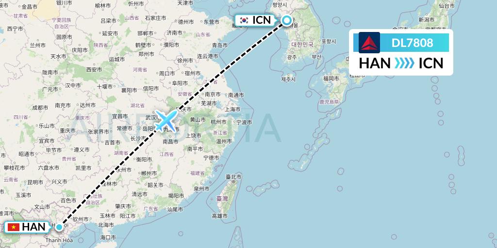 DL7808 Delta Air Lines Flight Map: Hanoi to Seoul