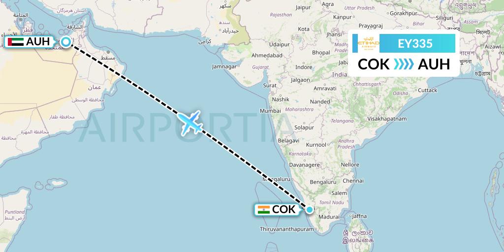 EY335 Etihad Airways Flight Map: Cochin to Abu Dhabi