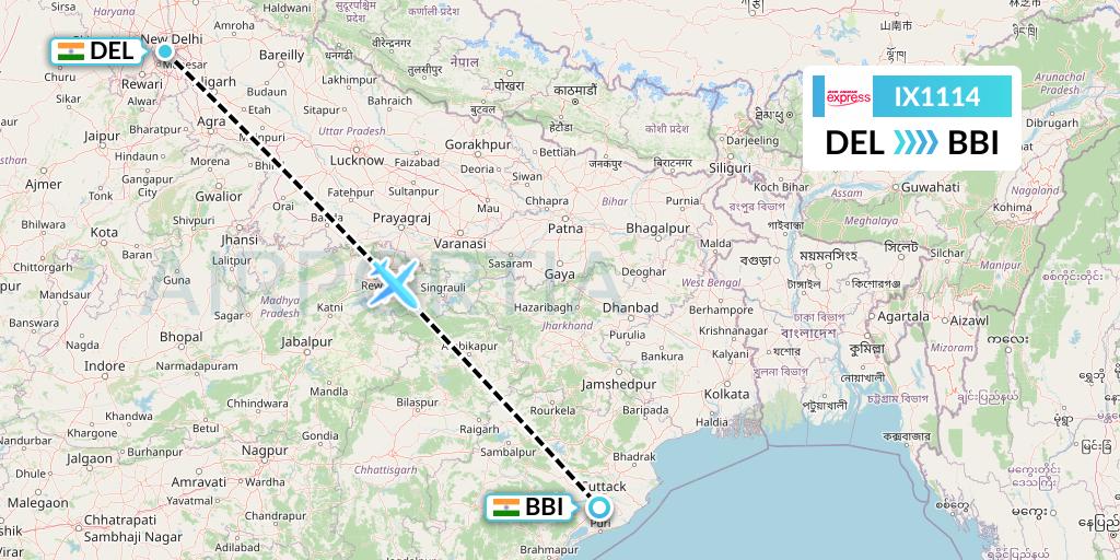 IX1114 Air India Express Flight Map: Delhi to Bhubaneswar