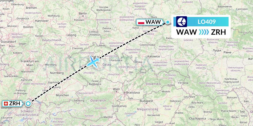 LO409 LOT Flight Map: Warsaw to Zurich