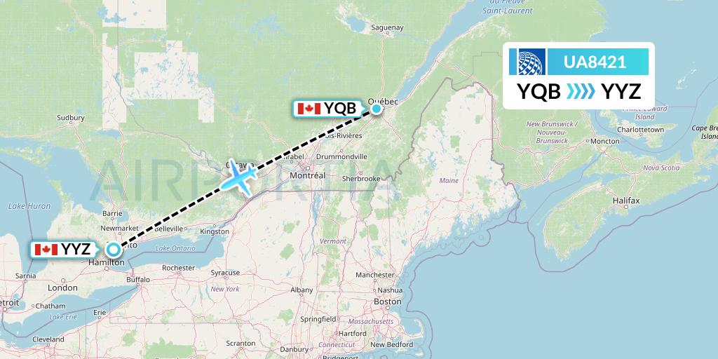 UA8421 United Airlines Flight Map: Quebec to Toronto