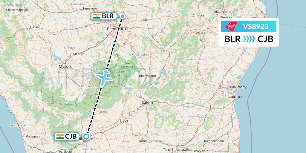 VS8923 Virgin Atlantic Airways Flight Map: Bangalore to Coimbatore