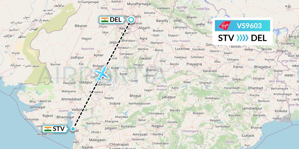 VS9603 Virgin Atlantic Airways Flight Map: Surat to Delhi
