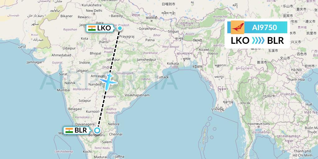 AI9750 Air India Flight Map: Lucknow to Bangalore