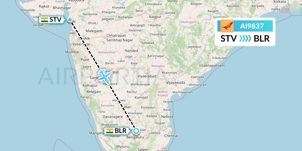 AI9837 Air India Flight Map: Surat to Bangalore