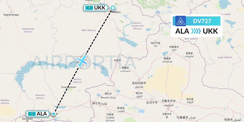 DV727 SCAT Flight Map: Almaty to Oskemen