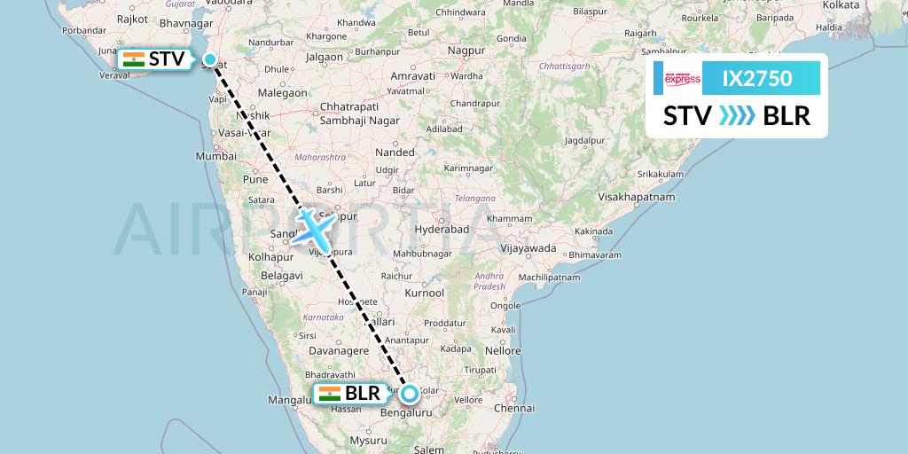 IX2750 Air India Express Flight Map: Surat to Bangalore