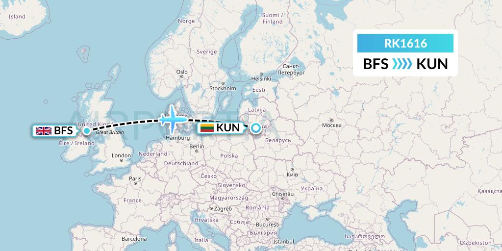 RK1616 Ryanair UK Flight Map: Belfast to Kaunas