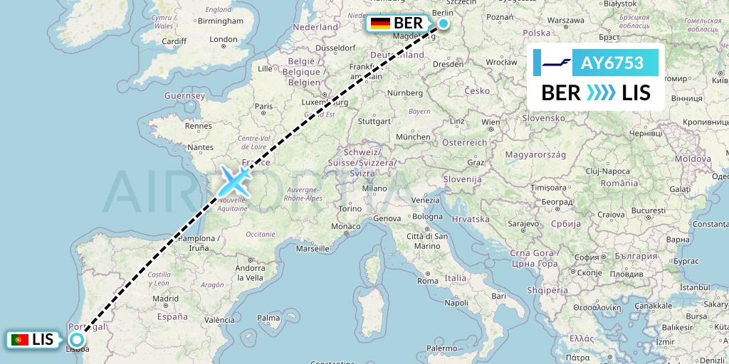 AY6753 Finnair Flight Map: Berlin to Lisbon