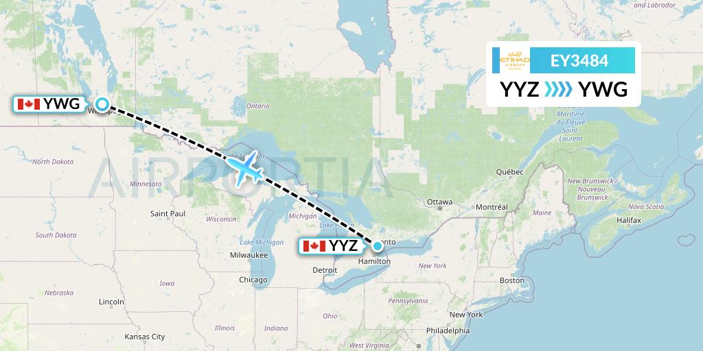 EY3484 Etihad Airways Flight Map: Toronto to Winnipeg