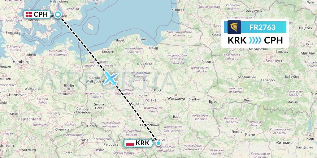 FR2763 Ryanair Flight Map: Krakow to Copenhagen