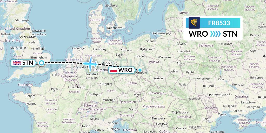 FR8533 Ryanair Flight Map: Wroclaw to London