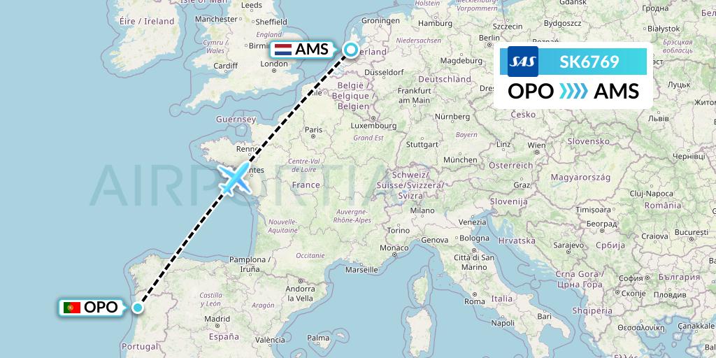 SK6769 SAS Flight Map: Porto to Amsterdam