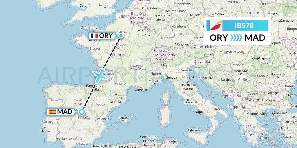 IB578 Iberia Flight Map: Paris to Madrid