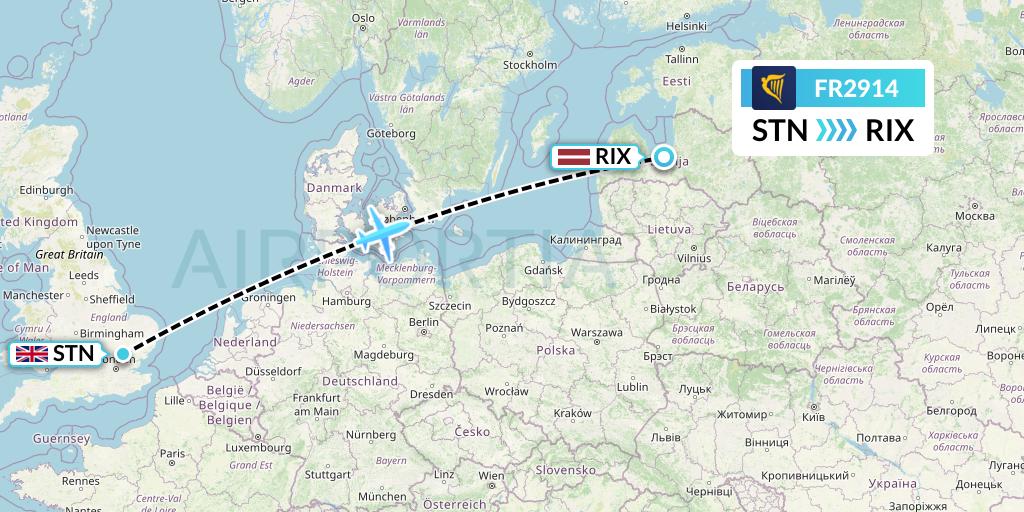 FR2914 Ryanair Flight Map: London to Riga