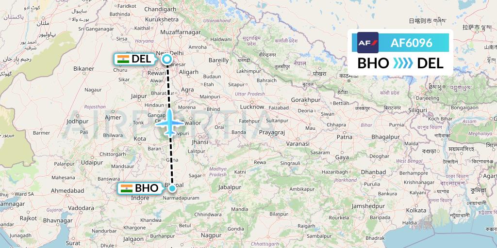 AF6096 Air France Flight Map: Bhopal to Delhi