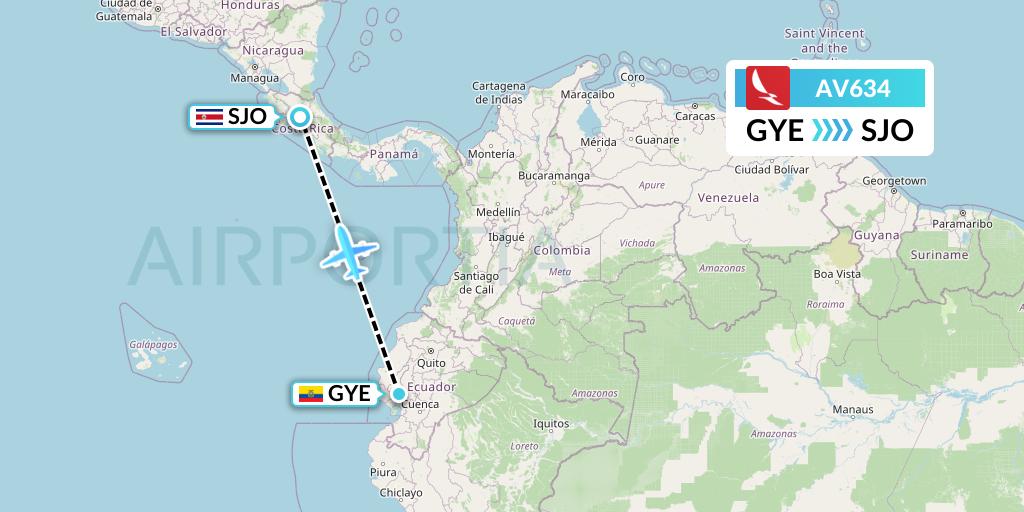 AV634 Avianca Flight Map: Guayaquil to San Jose