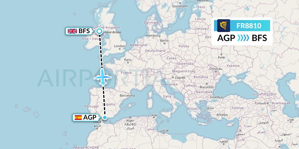 FR8810 Ryanair Flight Map: Malaga to Belfast