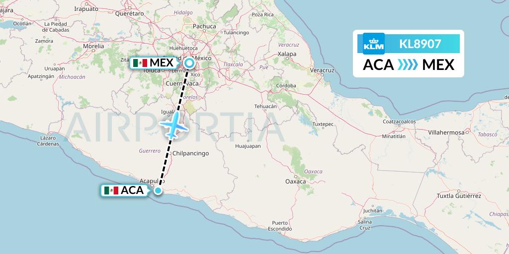 KL8907 KLM Flight Map: Acapulco to Mexico City