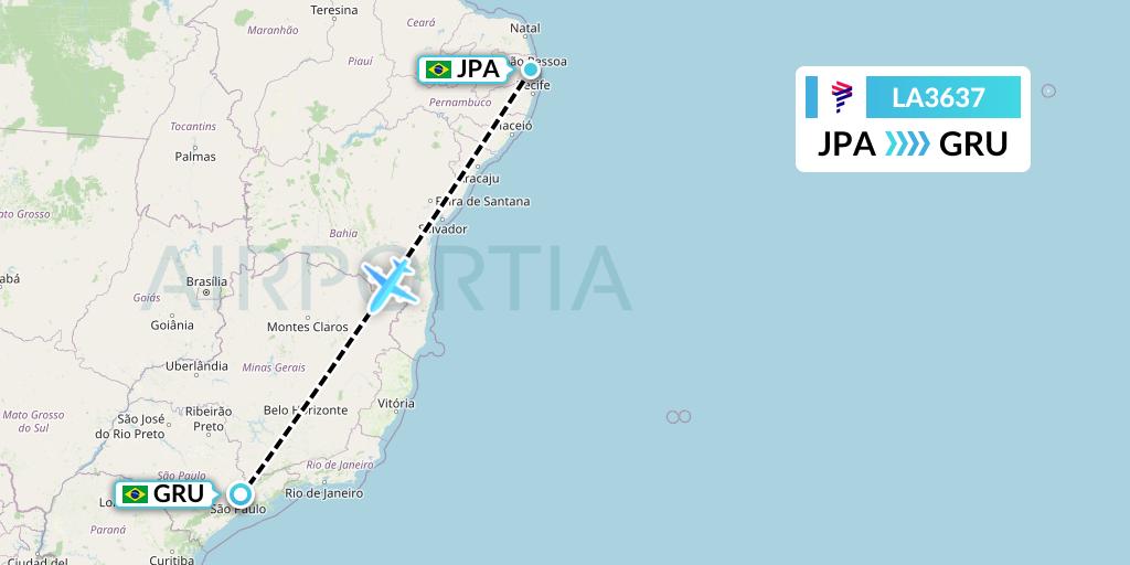 LA3637 LAN Airlines Flight Map: Joao Pessoa to Sao Paulo