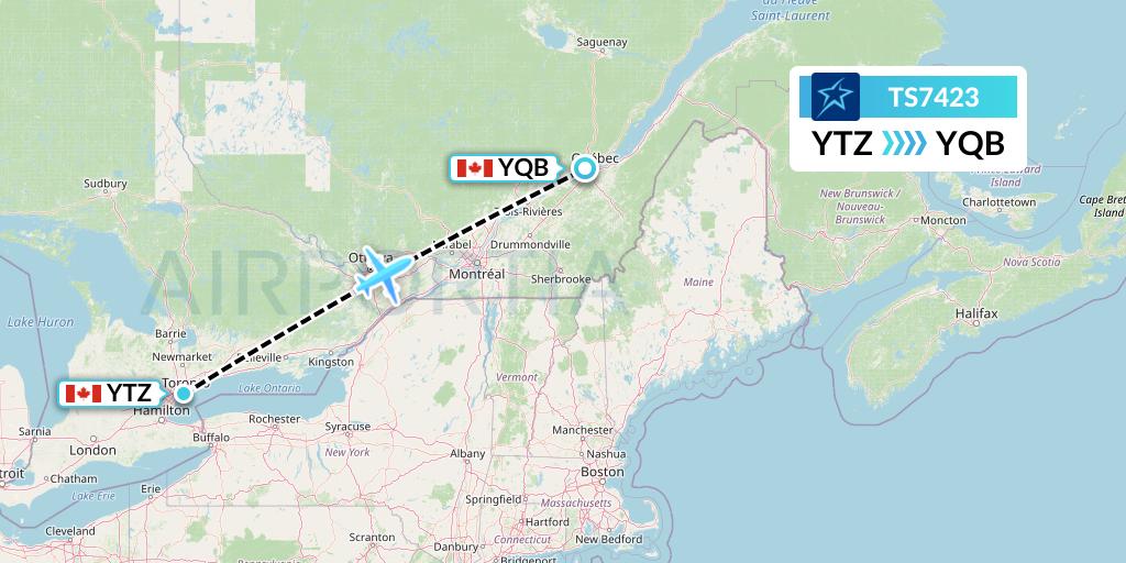 TS7423 Air Transat Flight Map: Toronto to Quebec