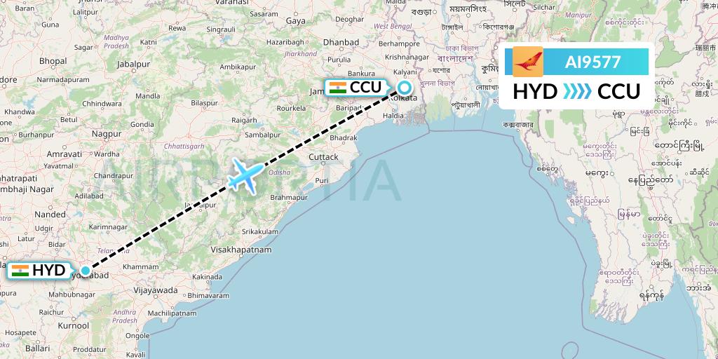 AI9577 Air India Flight Map: Hyderabad to Kolkata