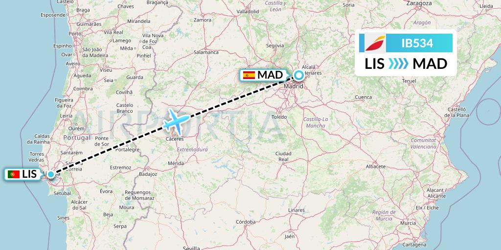 IB534 Iberia Flight Map: Lisbon to Madrid