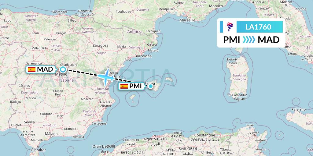 LA1760 LAN Airlines Flight Map: Palma de Mallorca to Madrid