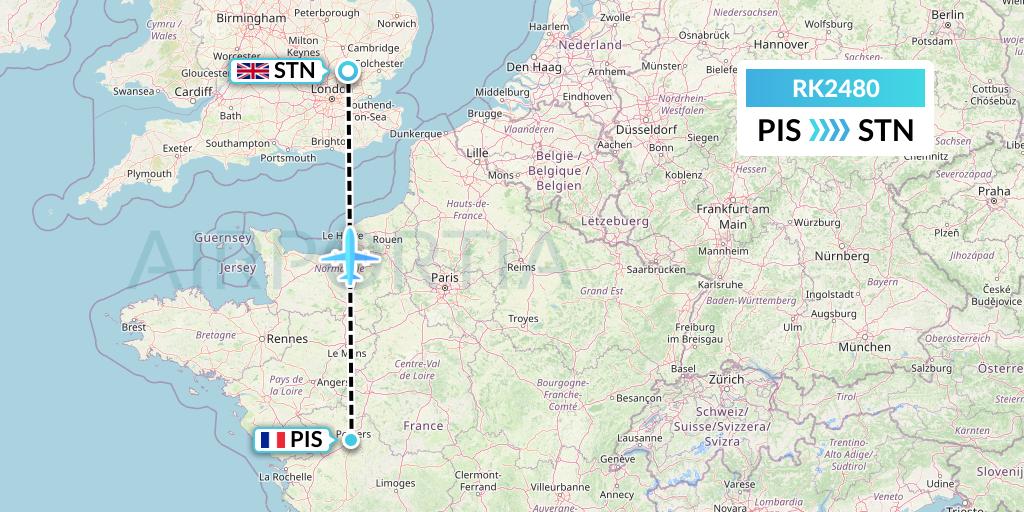 RK2480 Ryanair UK Flight Map: Poitiers to London