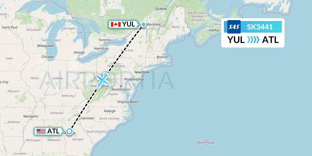 SK3441 SAS Flight Map: Montreal to Atlanta