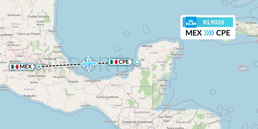 KL9026 KLM Flight Map: Mexico City to Campeche