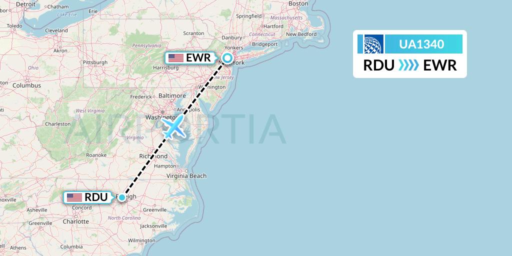 UA1340 United Airlines Flight Map: Raleigh-Durham to New York