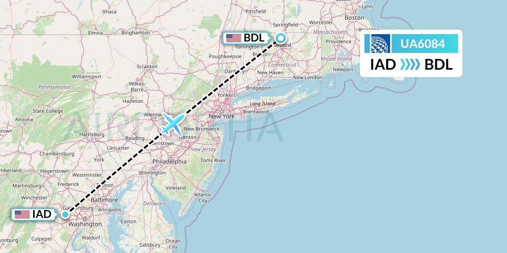 UA6084 United Airlines Flight Map: Washington to Windsor Locks