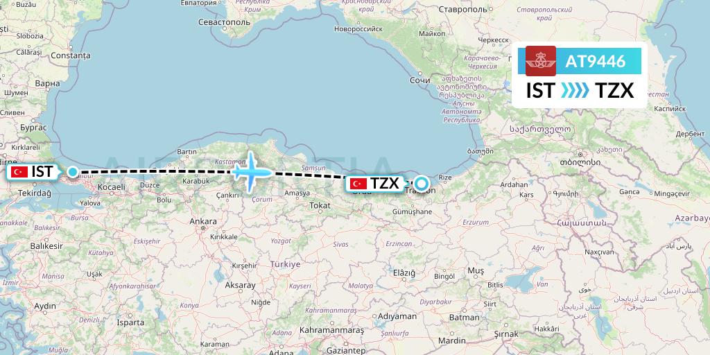 AT9446 Royal Air Maroc Flight Map: Istanbul to Trabzon