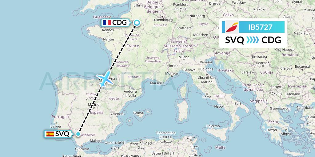 IB5727 Iberia Flight Map: Seville to Paris