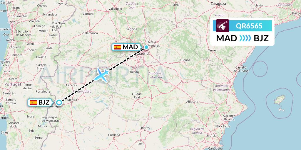 QR6565 Qatar Airways Flight Map: Madrid to Badajoz