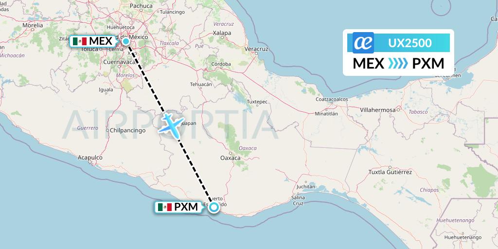 UX2500 Air Europa Flight Map: Mexico City to Puerto Escondido