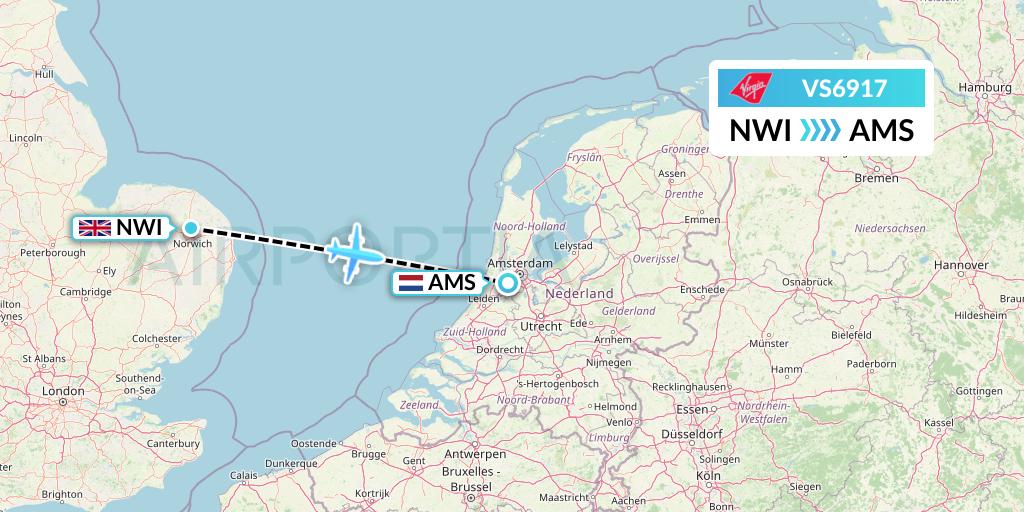 VS6917 Virgin Atlantic Airways Flight Map: Norwich to Amsterdam