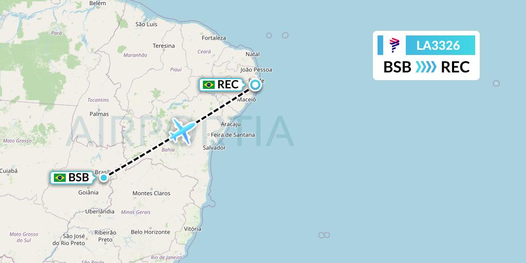 LA3326 LAN Airlines Flight Map: Brasilia to Recife