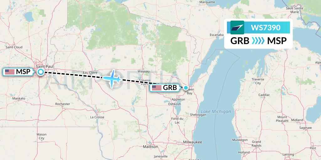 WS7390 WestJet Flight Map: Green Bay to Minneapolis