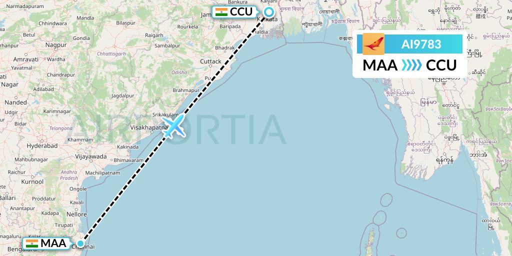 AI9783 Air India Flight Map: Chennai to Kolkata
