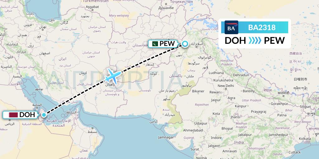 BA2318 British Airways Flight Map: Doha to Peshawar