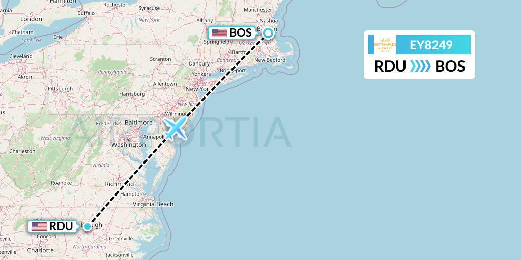 EY8249 Etihad Airways Flight Map: Raleigh-Durham to Boston