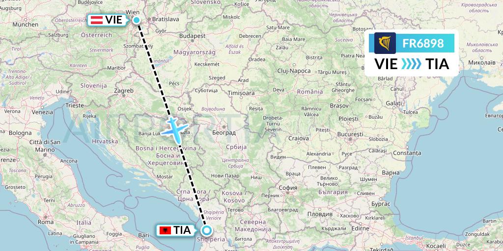 FR6898 Ryanair Flight Map: Vienna to Tirana