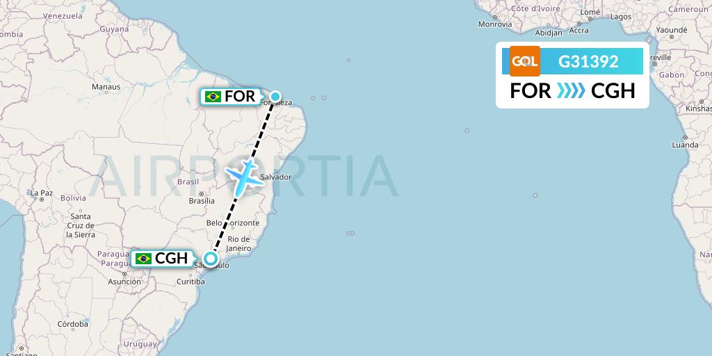 G31392 GOL Transportes Aeros Flight Map: Fortaleza to Sao Paulo