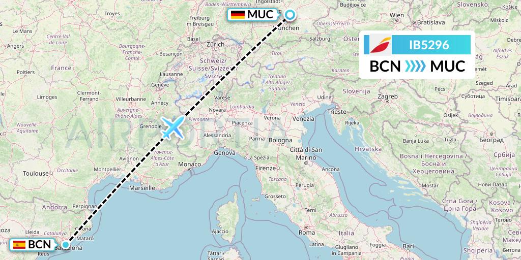 IB5296 Iberia Flight Map: Barcelona to Munich